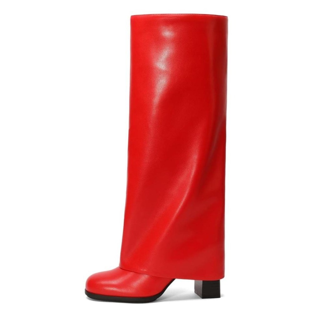 Women's Knee High Boots Women Fold Over Chunky High Heel Long Boots